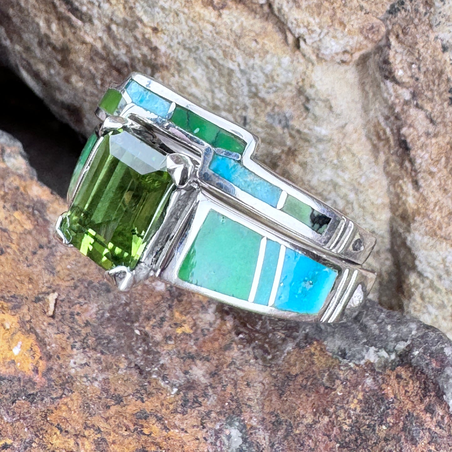 David Rosales Sonoran Gold Inlaid Sterling Silver Ring Set w/ Peridot