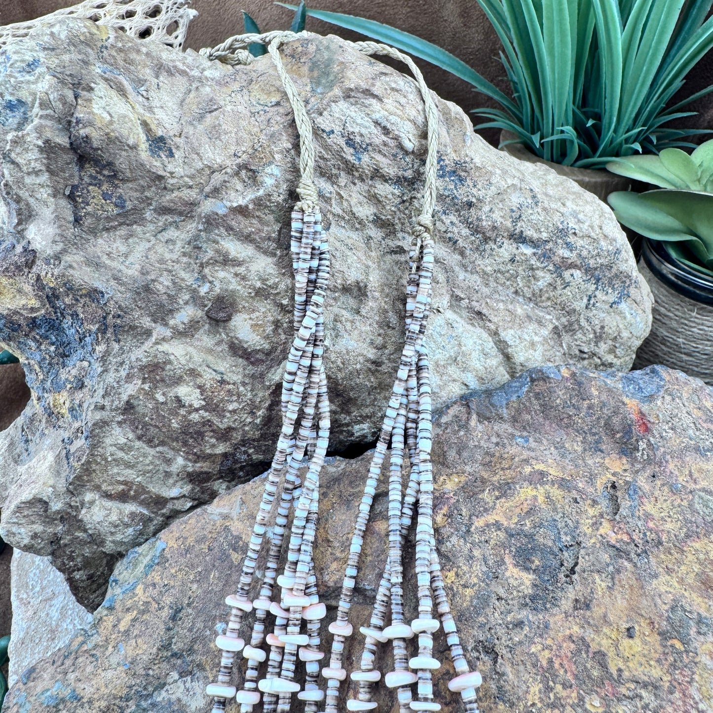 Vintage - Five-Strand Heishi Shell and Spiny Oyster Necklace - 36 Inches - Estate