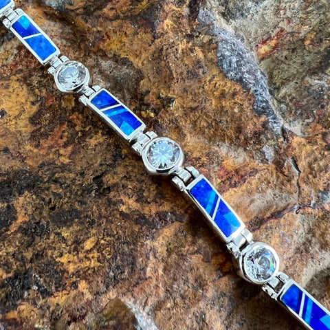 David Rosales Blue Sky Inlaid Sterling Silver Link Bracelet w/ CZ