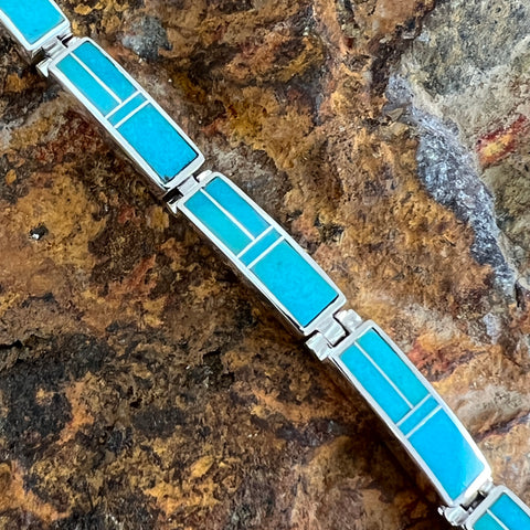 David Rosales Arizona Blue Inlaid Sterling Silver Big Link Bracelet