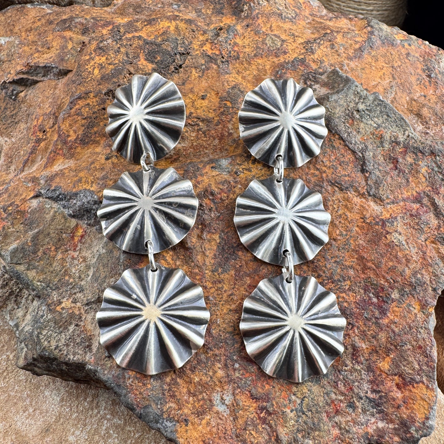 Three Tier Sterling Silver Concho Dangle Earrings by Arlene Blackgoat