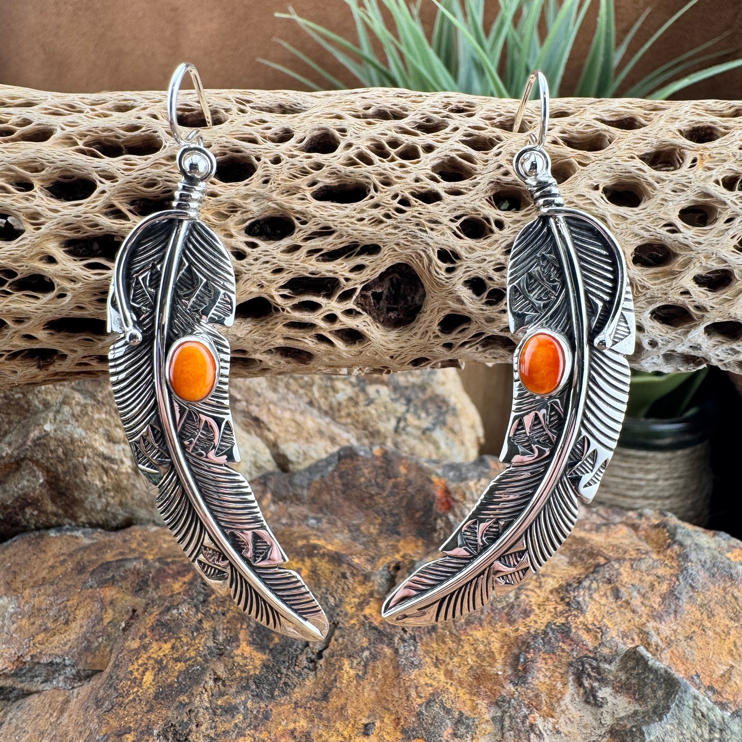 Orange Spiny Oyster Shell Feather Earrings by Lambert Perry