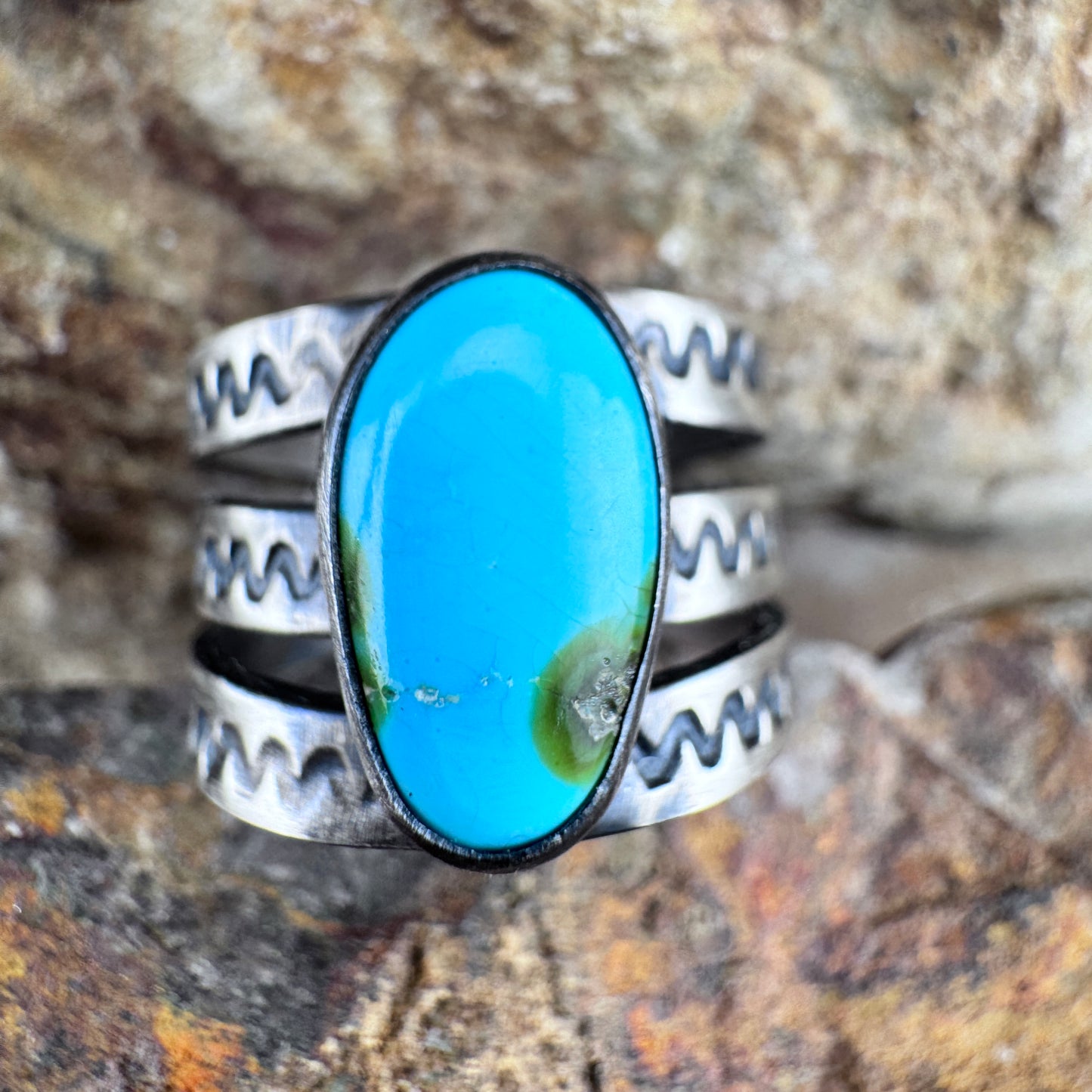 Sonoran Gold Turquoise Sterling Silver Ring by Ray Coriz - Size 8 1/2