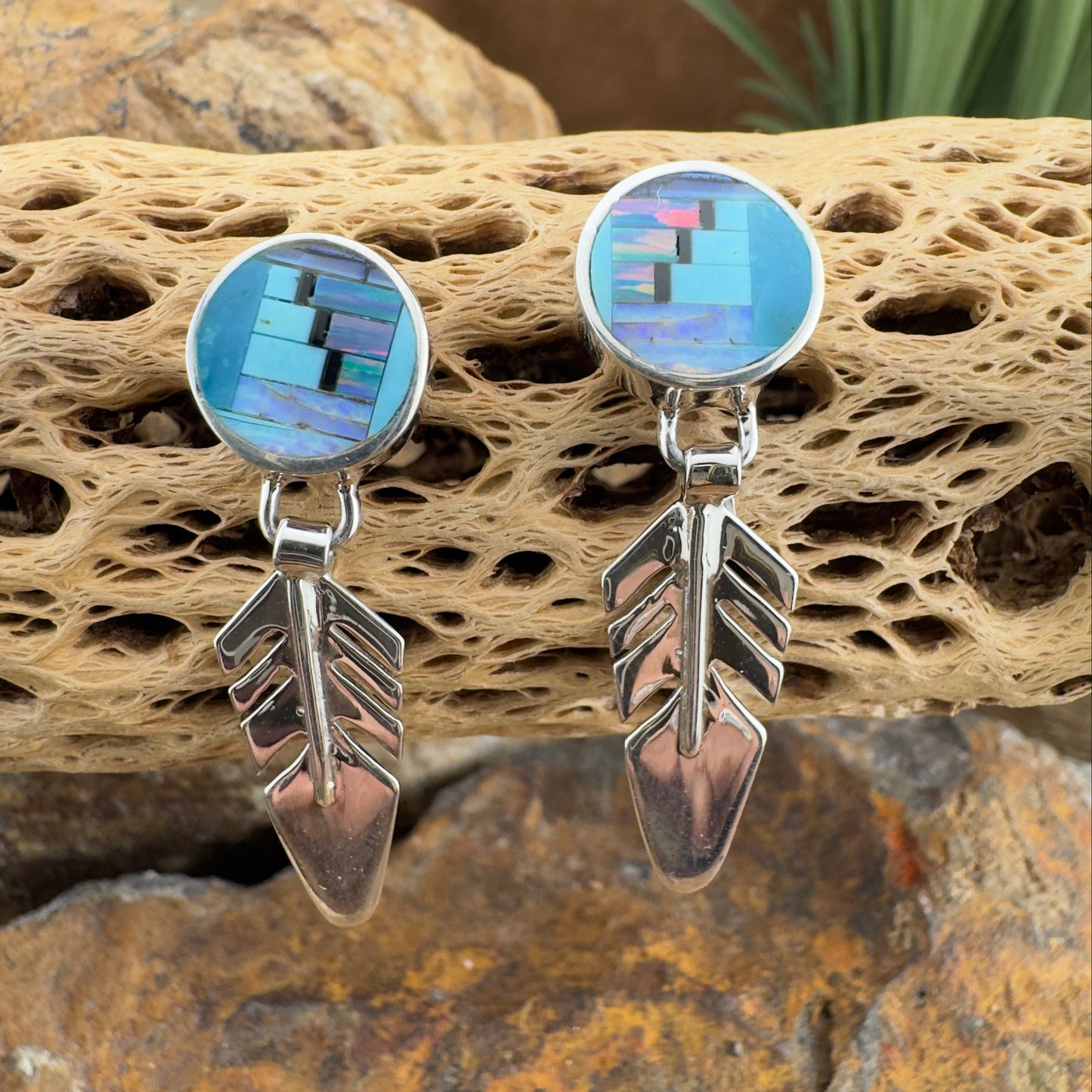 David Rosales Stardust Inlaid Sterling Silver Earrings Feather