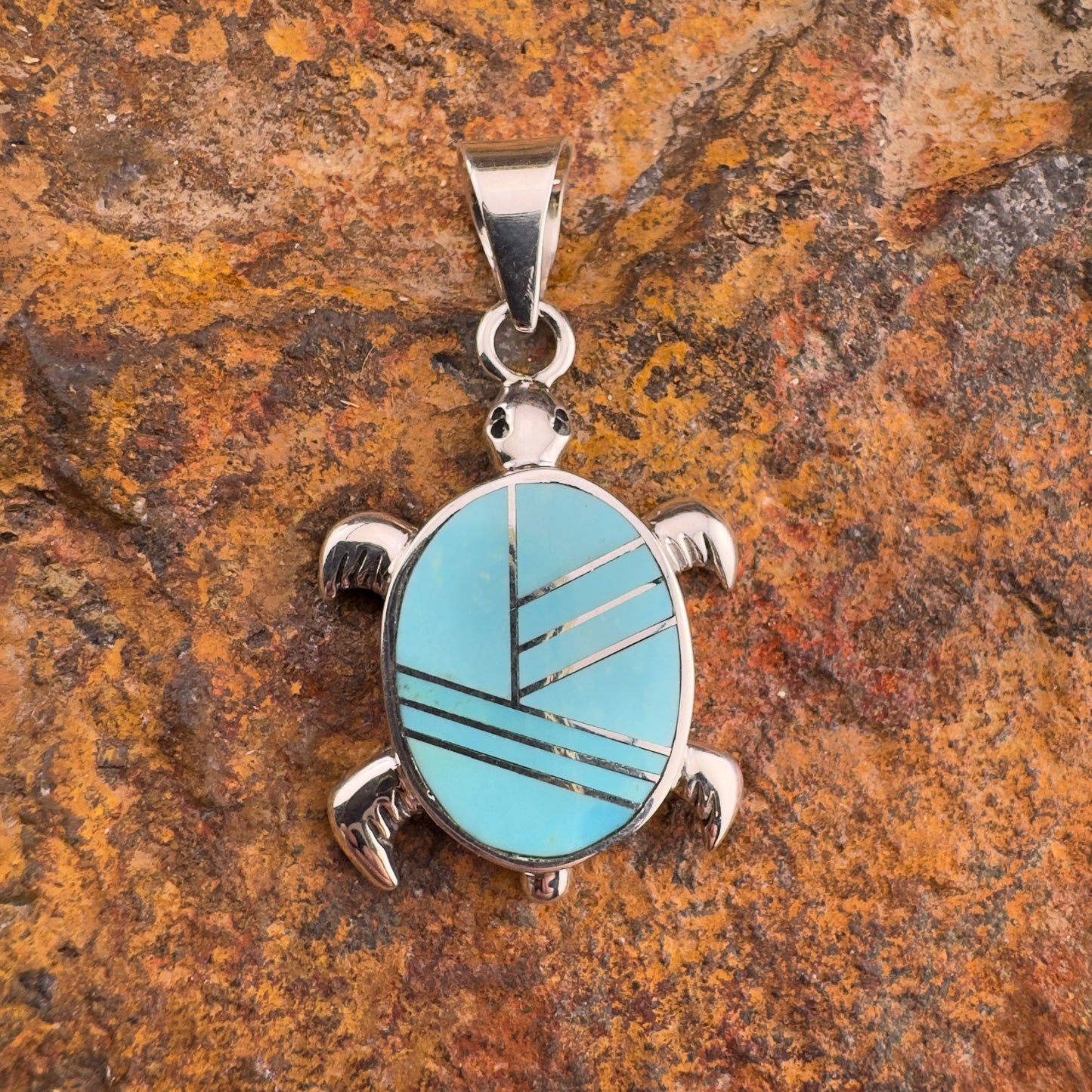David Rosales Kingman Turquoise Inlaid Sterling Silver Pendant Turtle