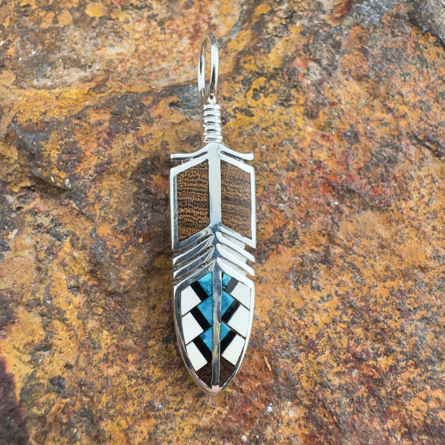David Rosales Iron Spirit Inlaid Sterling Silver Pendant Feather