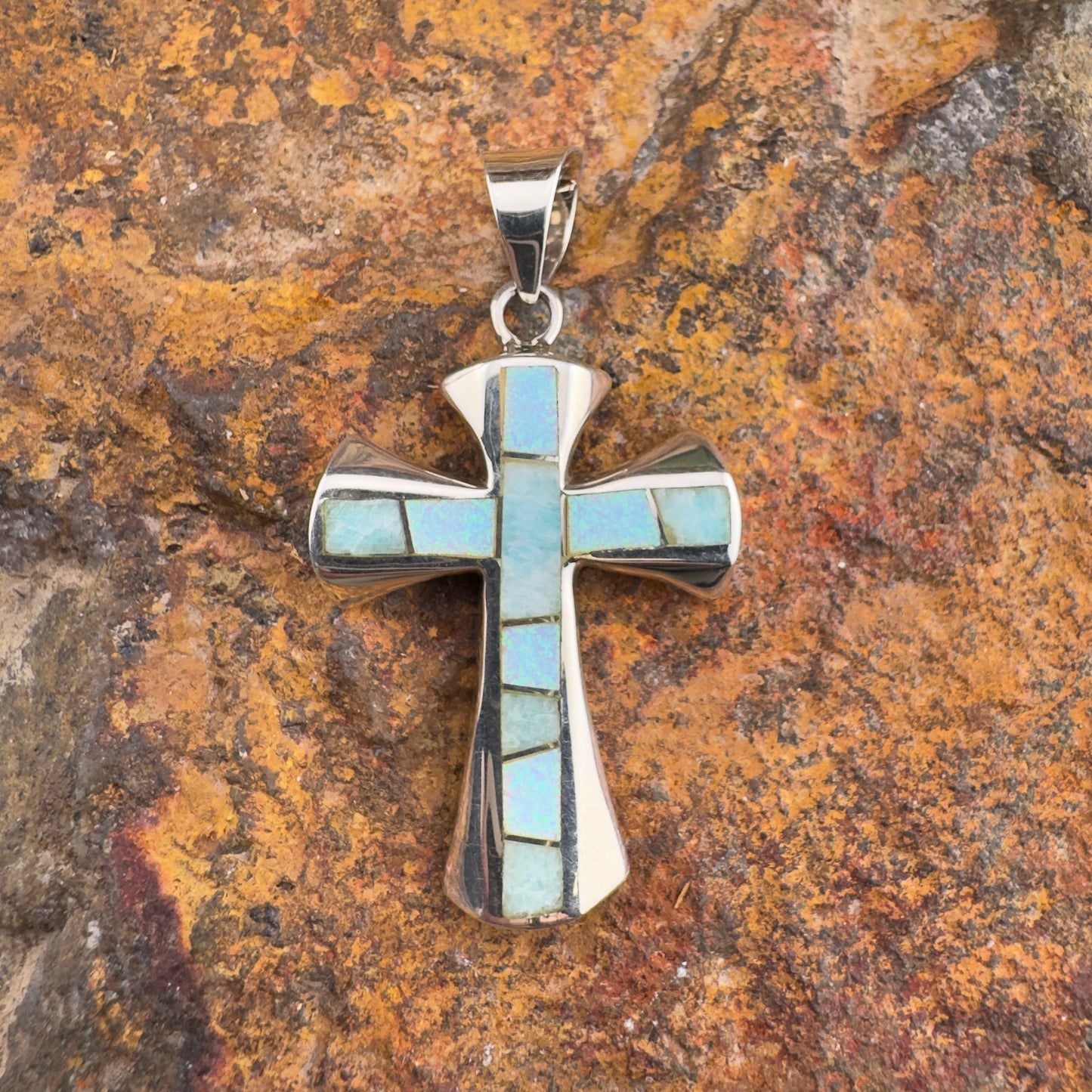 David Rosales Amazing Light Inlaid Sterling Silver Pendant Cross