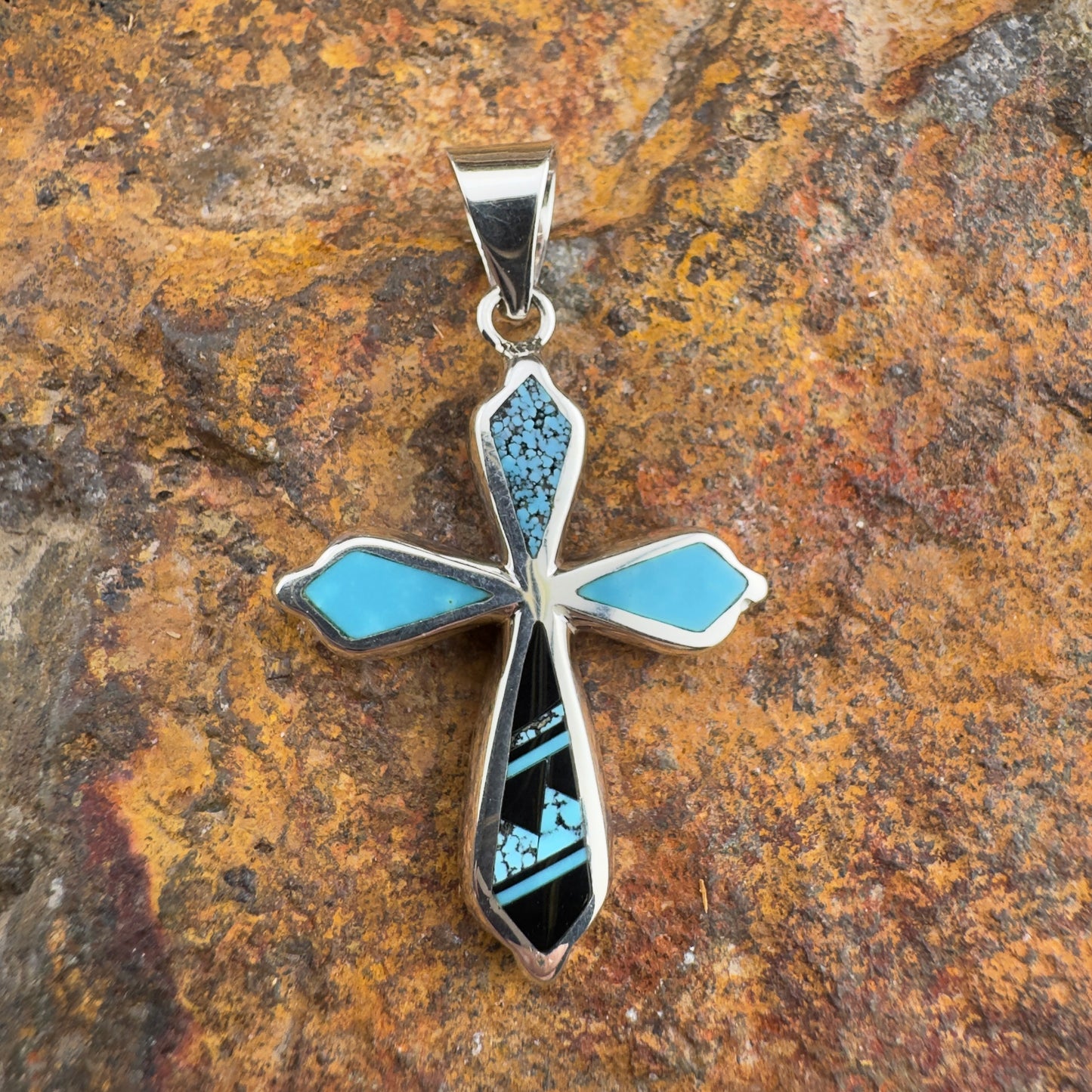 David Rosales Shadow Peak Inlaid Sterling Silver Pendant Cross