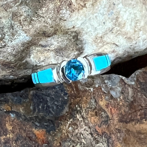 David Rosales Arizona Blue Inlaid Sterling Silver Ring w Blue Topaz