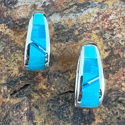 David Rosales Arizona Blue Fancy Inlaid Sterling Silver Earrings Huggie