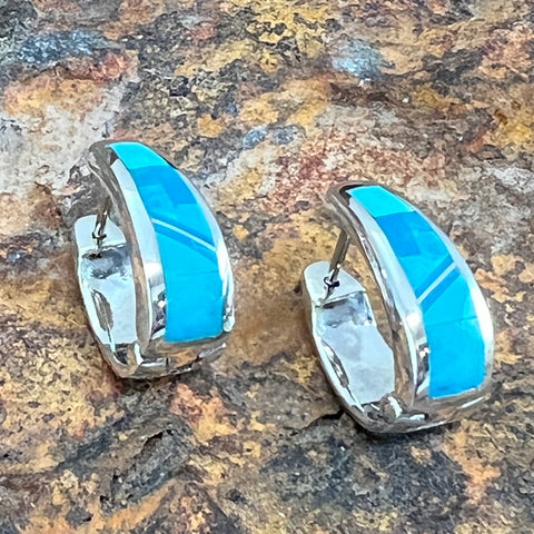 David Rosales Arizona Blue Fancy Inlaid Sterling Silver Earrings Huggie