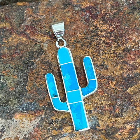 David Rosales Arizona Blue Fancy Inlaid Sterling Silver Pendant Cactus