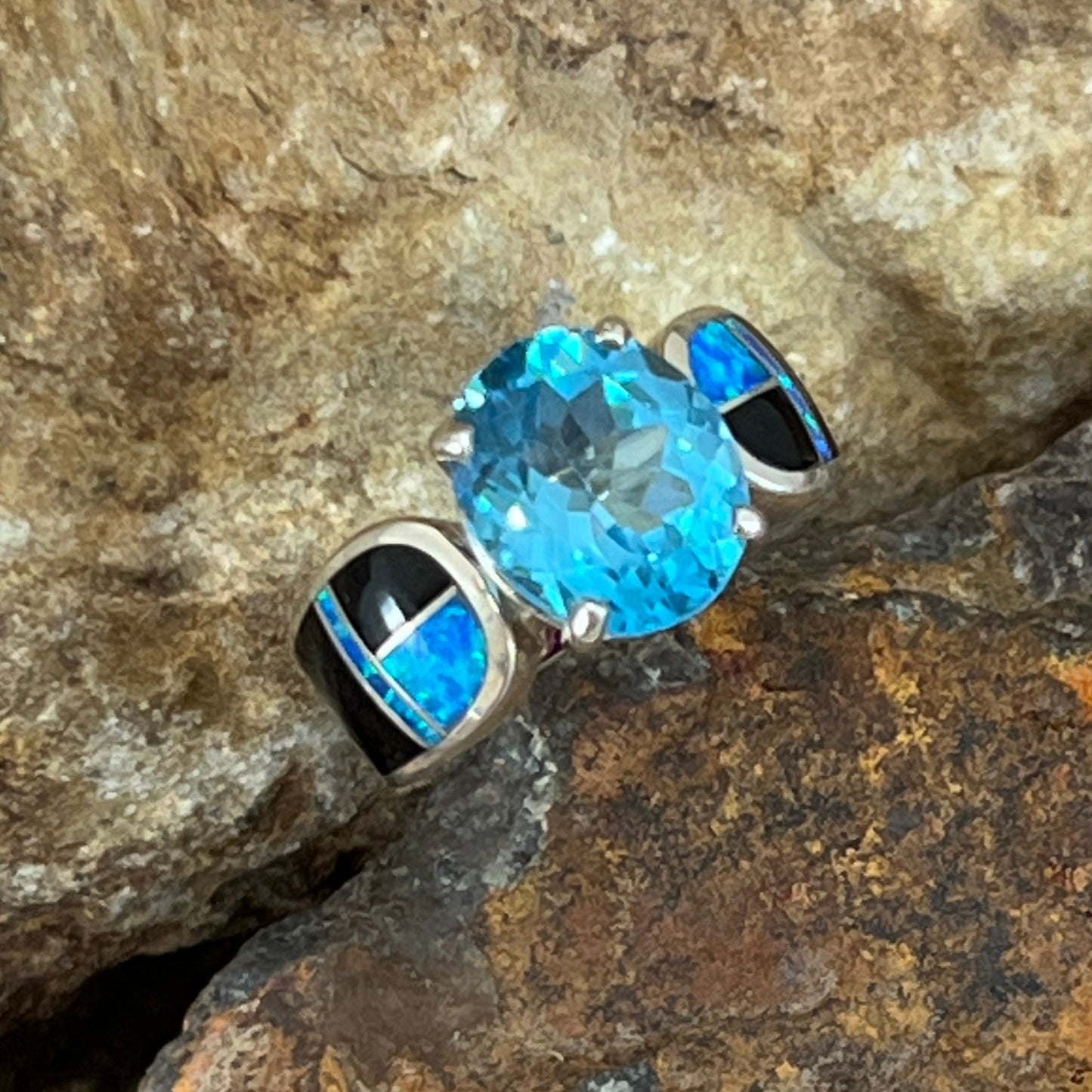 David Rosales Black Beauty Inlaid Sterling Silver Ring w/ Blue Topaz