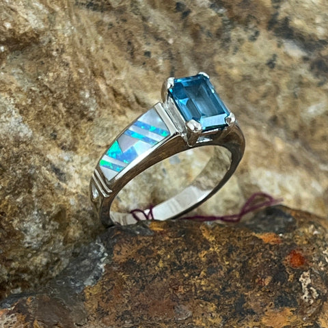 David Rosales Mystic Pearl Inlaid Sterling Silver Ring w/ Blue Topaz