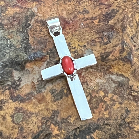 Red Coral Sterling Silver Pendant Cross by Billy Jaramillo