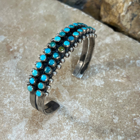 Vintage Zuni Turquoise Petite Point Sterling Silver Cuff Bracelet - Estate Jewelry