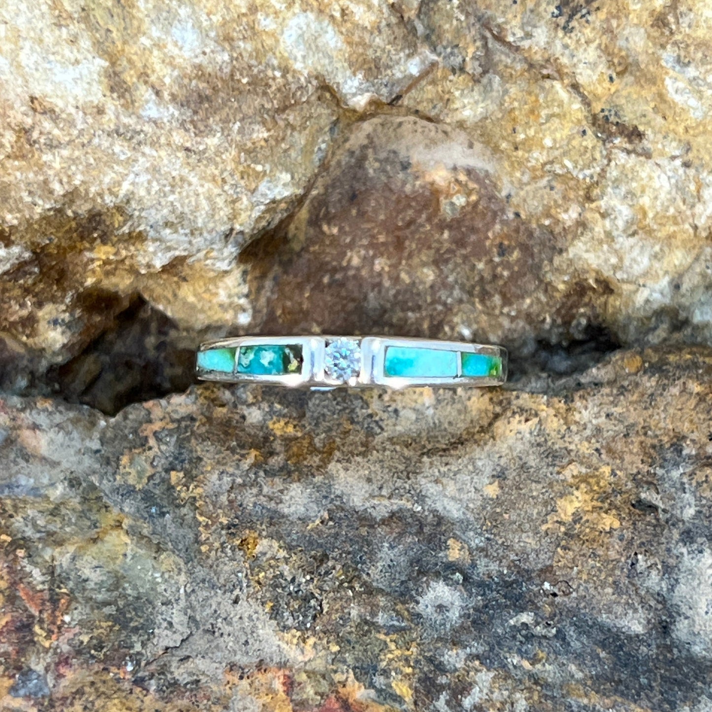 David Rosales Sonoran Gold Inlaid Sterling Silver Ring w/ Cubic Zirconia