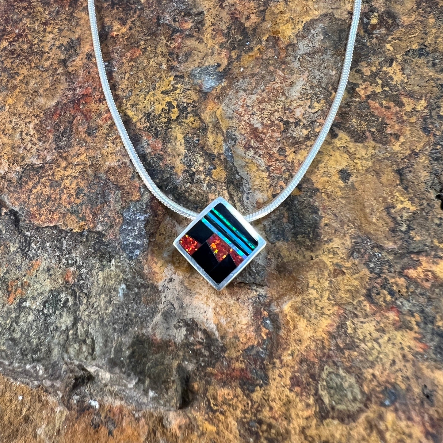 David Rosales Red Moon Inlaid Sterling Silver Necklace