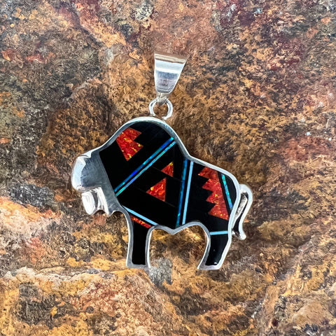 David Rosales Red Moon Inlaid Sterling Silver Pendant Bison