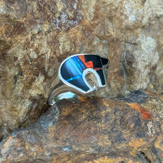 David Rosales Red Moon Fancy Inlaid Sterling Silver Ring Bear