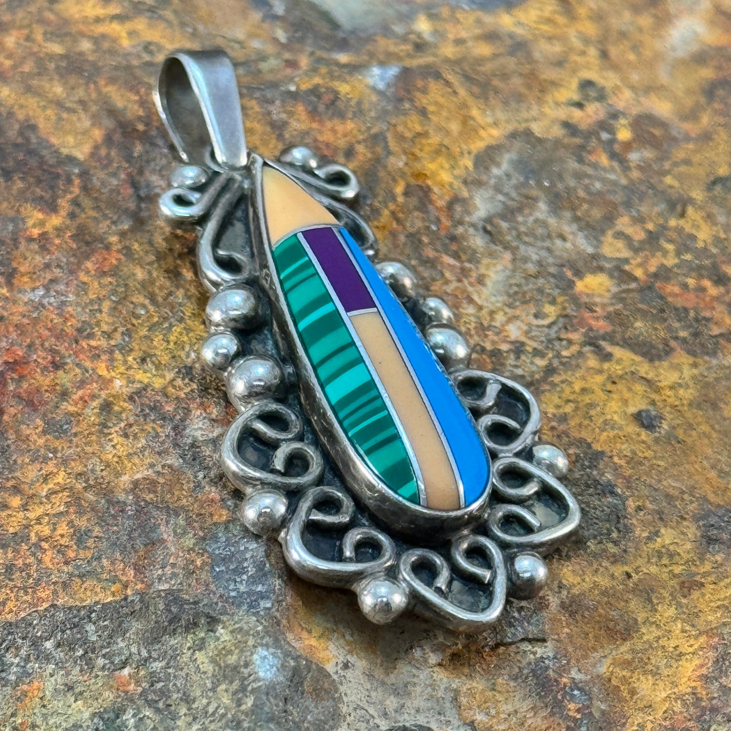 Estate Jewelry - Inlaid Sterling Silver Pendant - Mexico