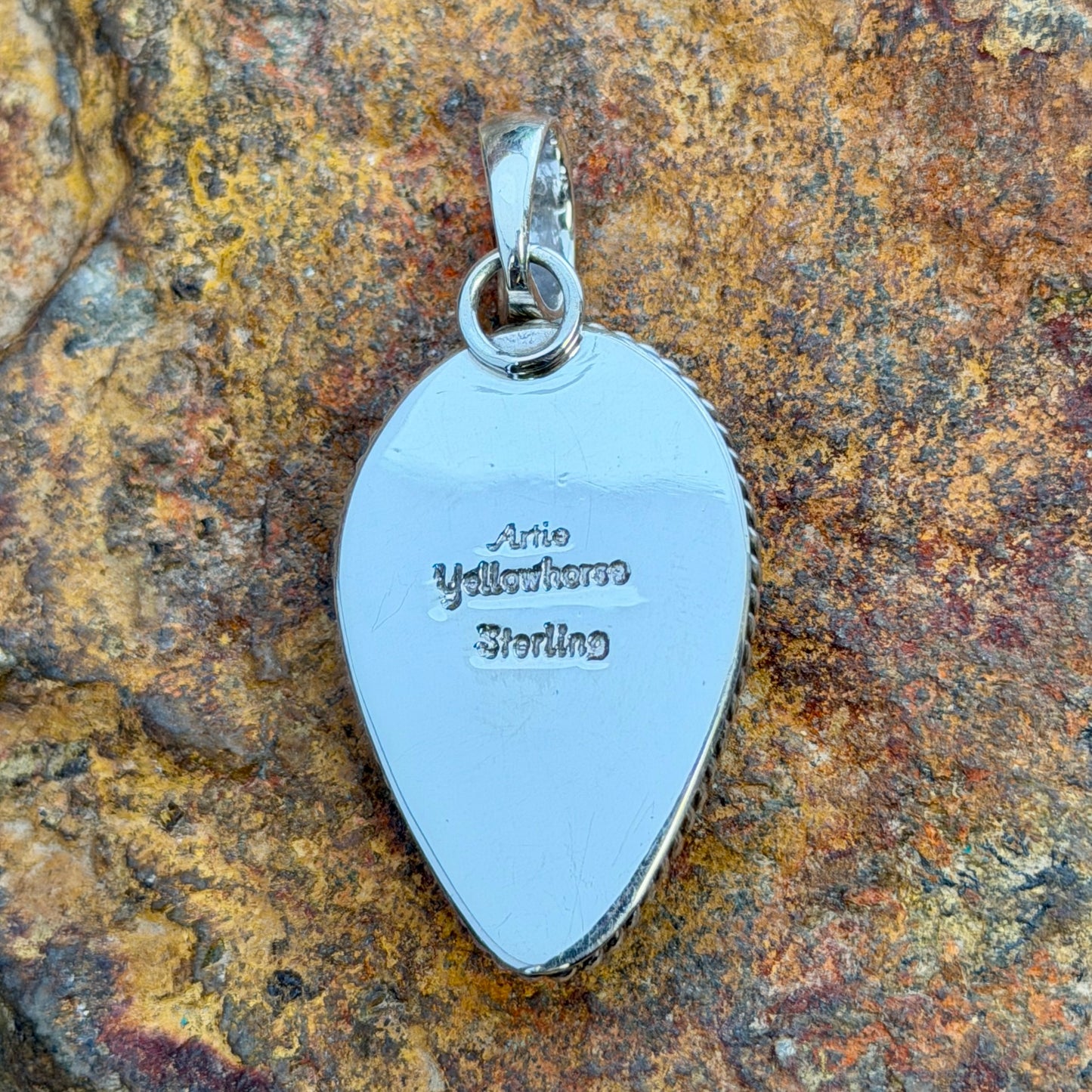 Maligeno Jasper Pendant by Artie Yellowhorse - reverse showing Artie Yellowhorse Sterling hallmark stamp