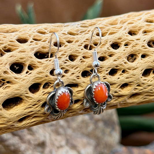 red coral earrings with oxidized silverwork by mary tso