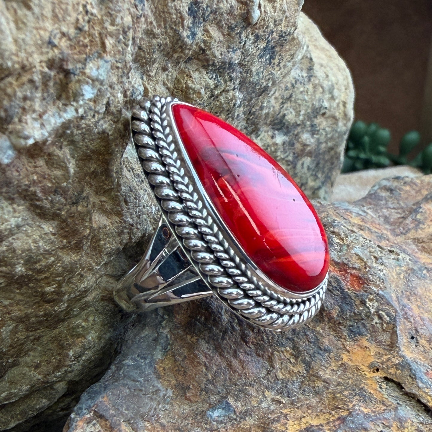 Rosarita Ring by Artie Yellowhorse - side view showing rope and bead silverwork