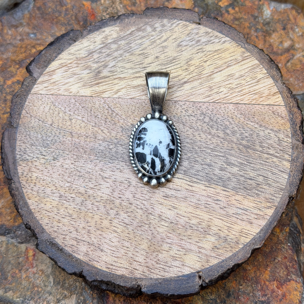 Sterling Silver Oval White Buffalo Pendant by Angela Martin