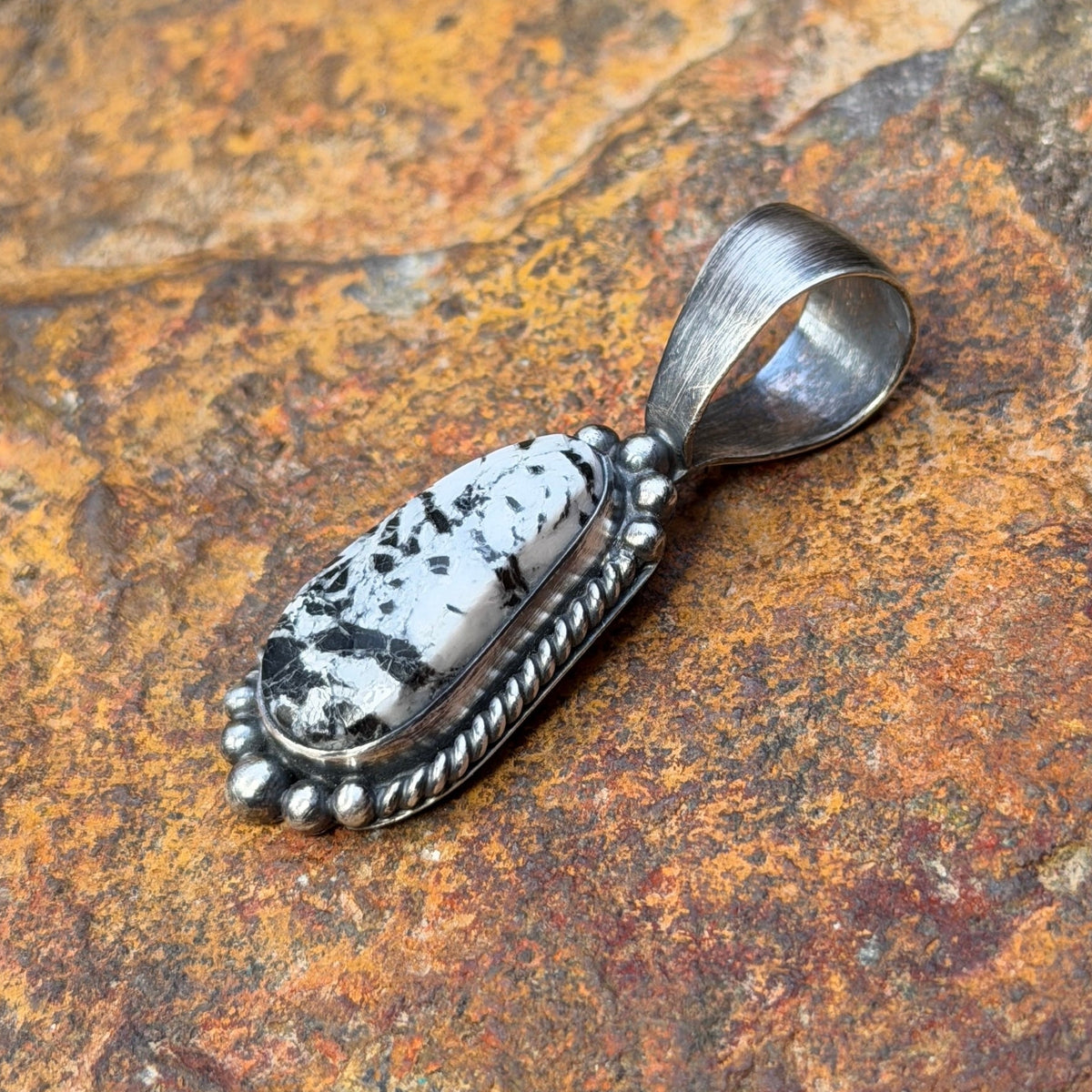 Sterling Silver Elongated White Buffalo Pendant by Angela Martin