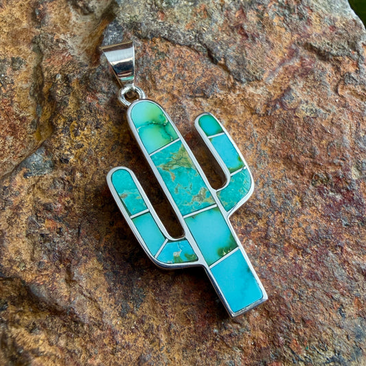 David Rosales Sonoran Gold Inlaid Sterling Silver Pendant Cactus