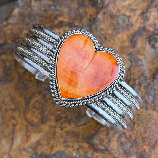 Spiny Oyster Heart Statement Cuff Bracelet by Artie Yellowhorse, close up