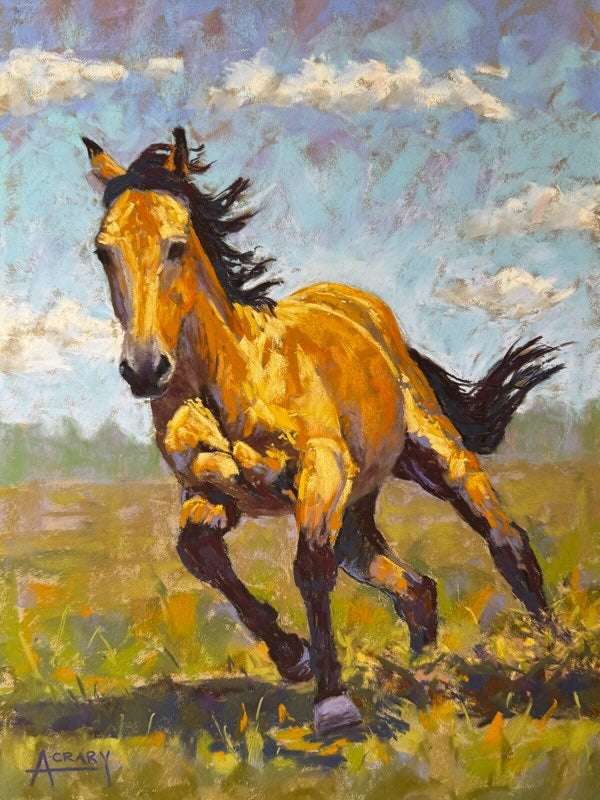 An impressionistic oil painting of a golden horse galloping through a grassy field under a blue sky with clouds. The artist's signature 'ACGARY' is visible in the bottom-left corner.