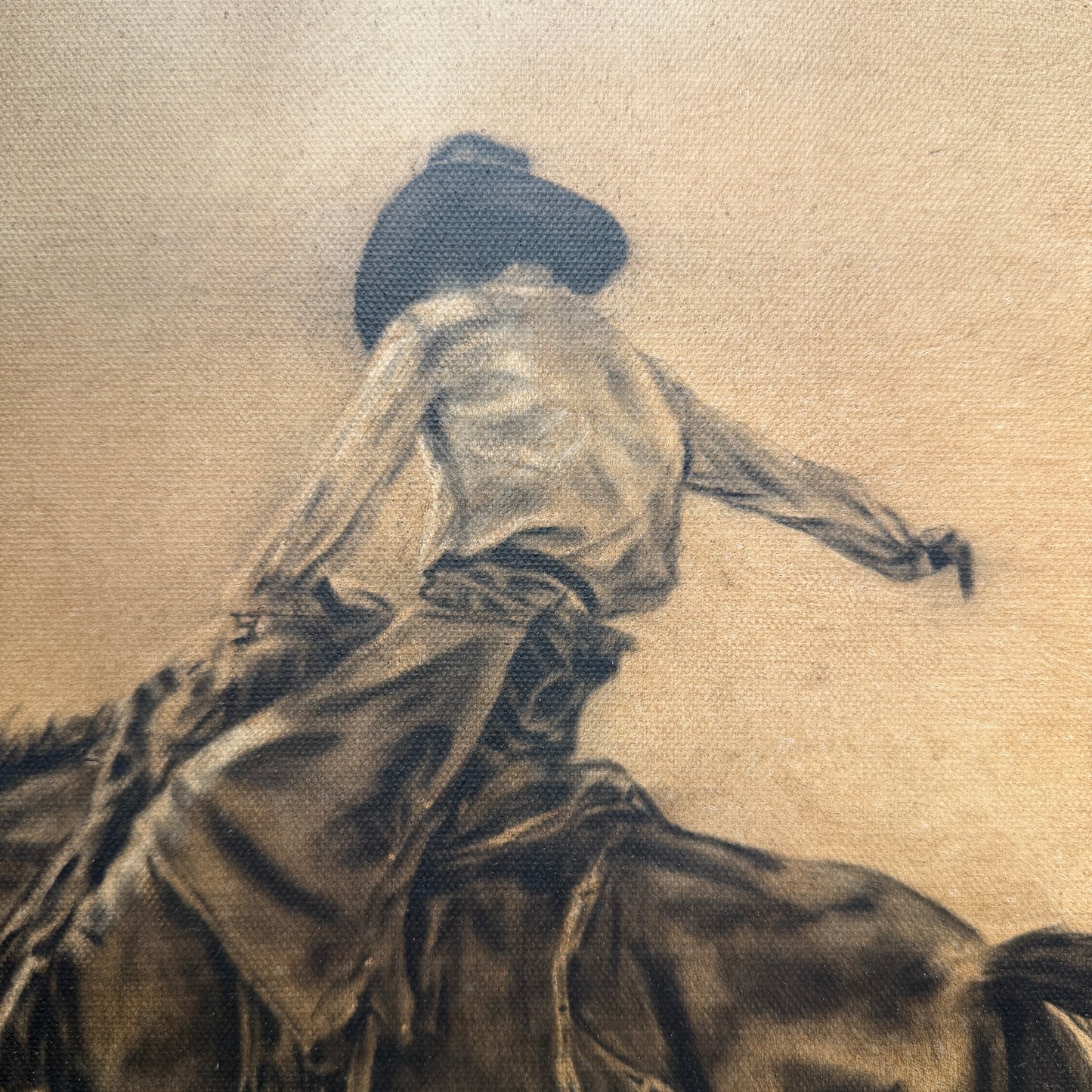 Artistic depiction of a person in a coat and hat on a textured beige background