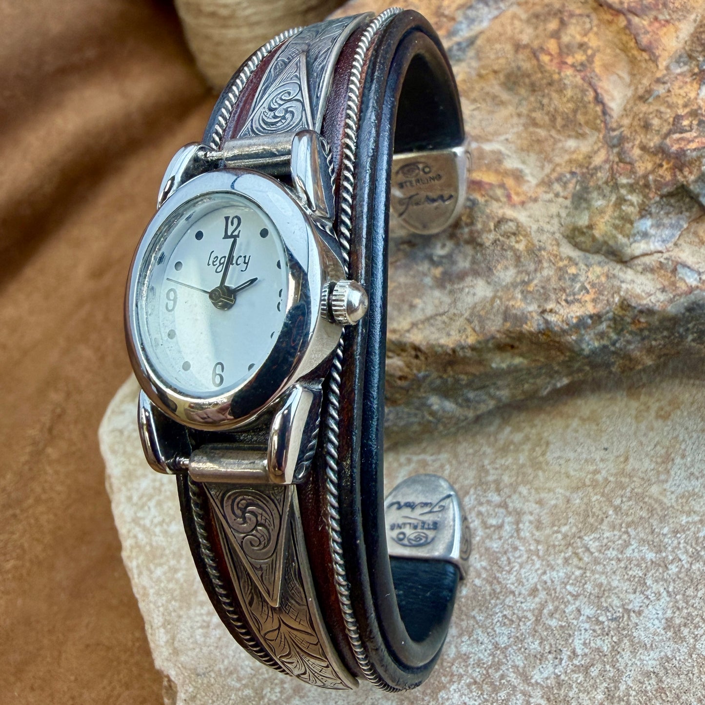 Vintage Sterling Silver & Leather Watch Cuff — Estate