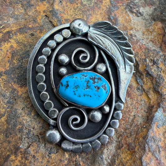 Vintage Navajo Turquoise Sterling Silver Brooch - Estate