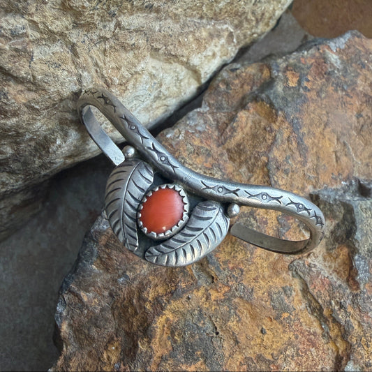 Vintage - Sterling Silver Coral Double Feather Cuff Bracelet unknown artist - Estate