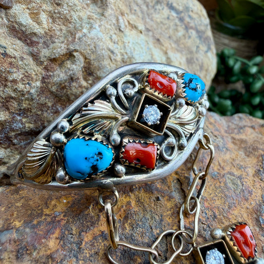 Vintage - Turquoise, Coral & CZ Hand Chain by Harry B. Yazzie - Estate
