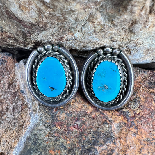 Vintage Turquoise Sterling Silver Post Earrings - Estate