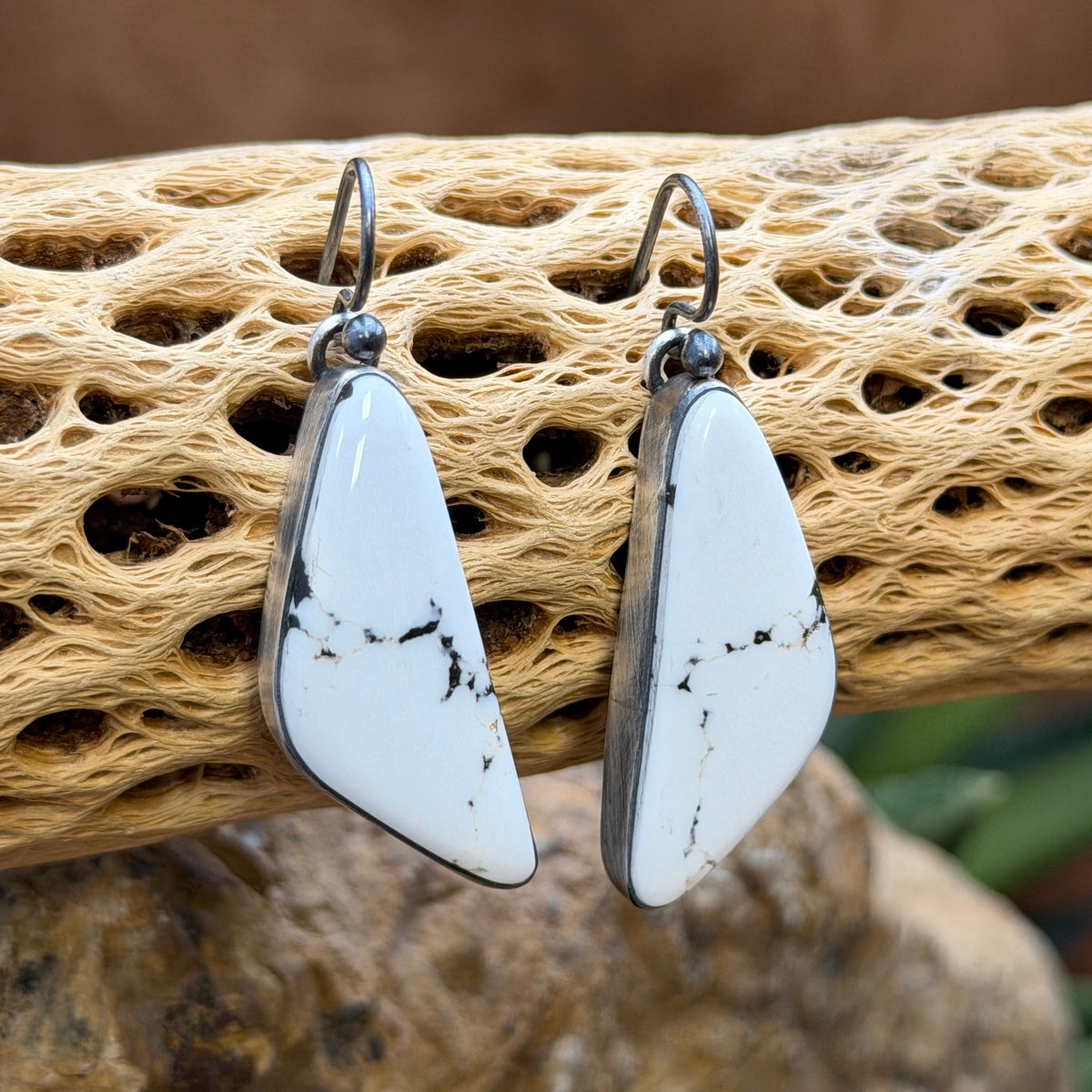 Sterling Silver White Buffalo Curved Dangle Earrings by Loretta Delgarito