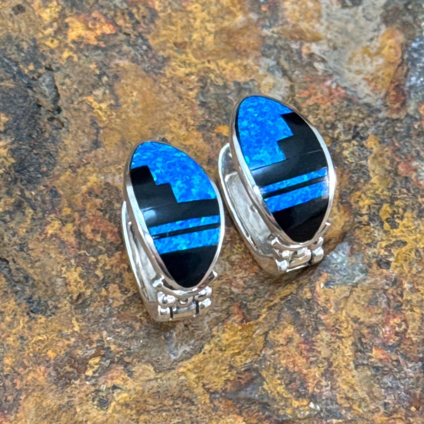 David Rosales Black Beauty Fancy Inlaid Sterling Silver Earrings Huggie