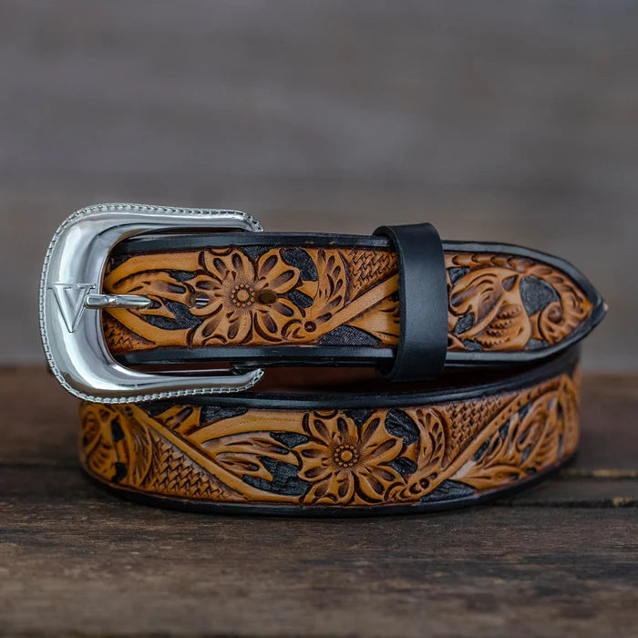 Russet Black Two-Toned Oak Leaf Tooled Leather Belt Strap  display picture 3