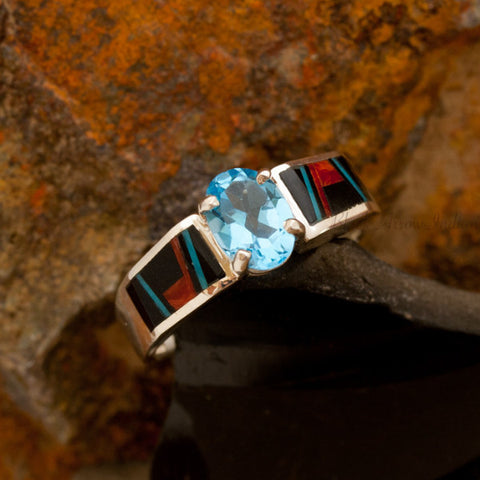 David Rosales Red Canyon Inlaid Sterling Silver Ring w/ Blue Topaz