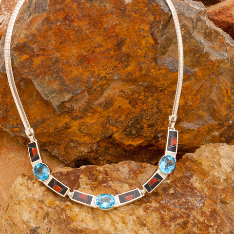 David Rosales Red Canyon Inlaid Sterling Silver Necklace w/ Blue Topaz