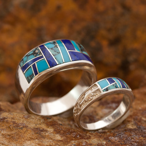 David Rosales Couples' Set Blue Mountain Inlaid Sterling Silver Ring