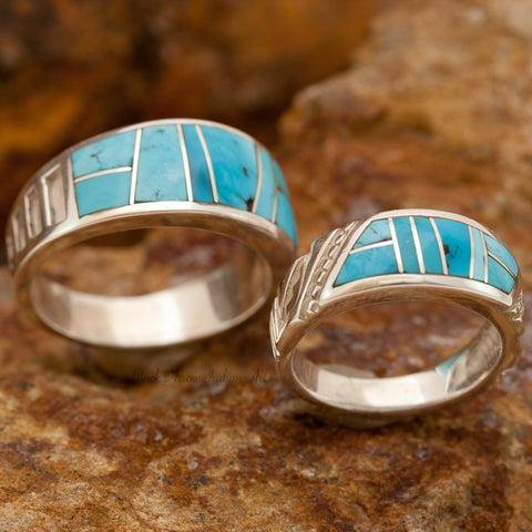 David Rosales Couples' Set Arizona Blue Inlaid Sterling Silver Ring