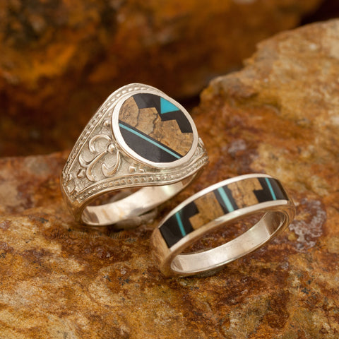 David Rosales Couples' Set Turquoise Creek Inlaid Sterling Silver Ring