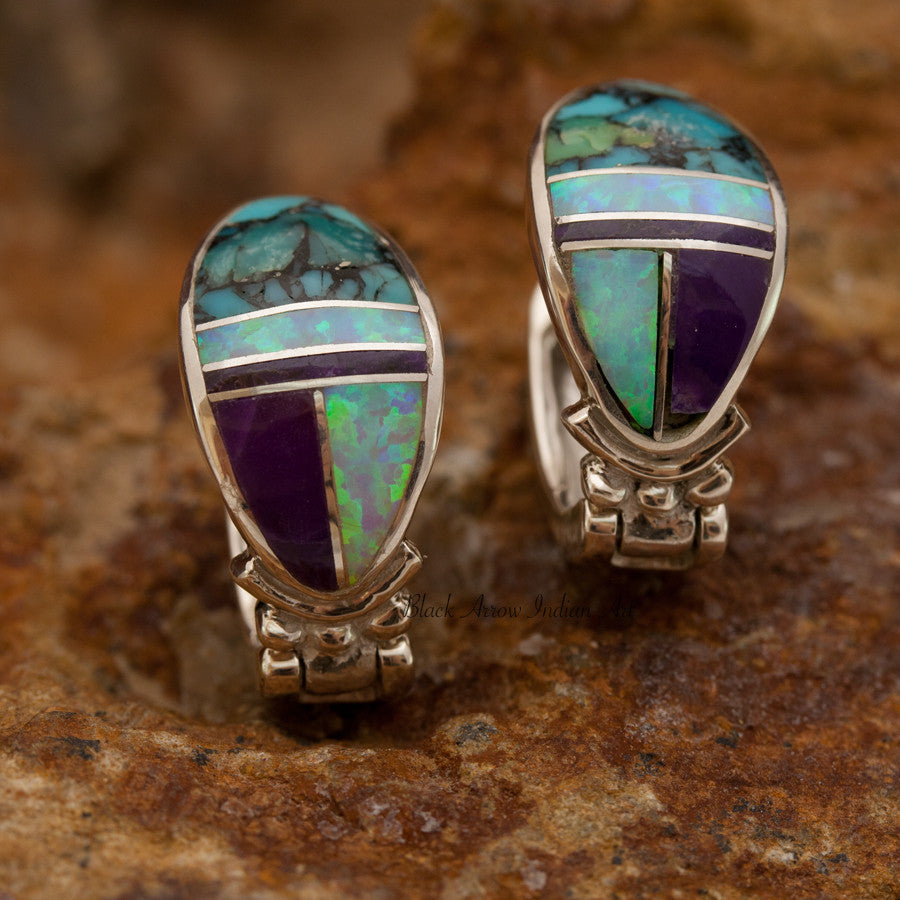 David Rosales Shalako Inlaid Sterling Silver Earrings Huggie