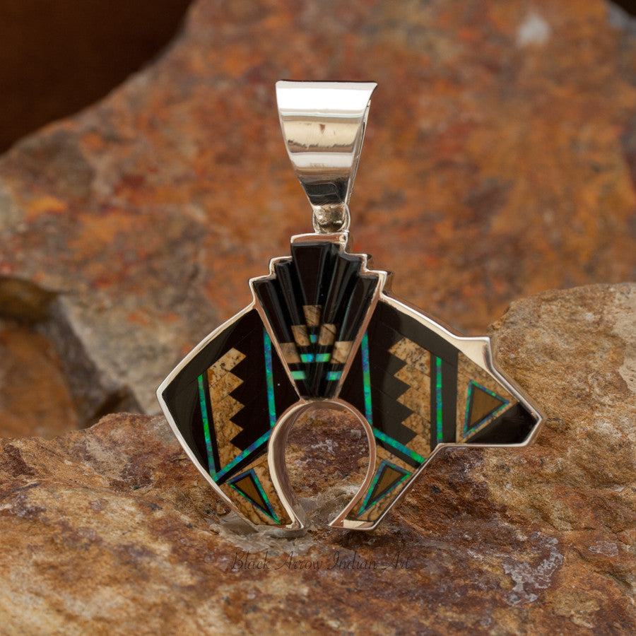 David Rosales Native Lite Inlaid Sterling Silver Pendant Bear