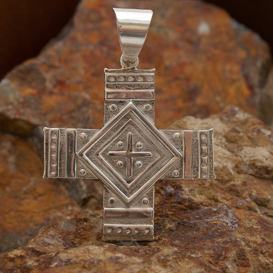 David Rosales Shalako Fancy Inlaid Sterling Silver Pendant Two-Sided Cross